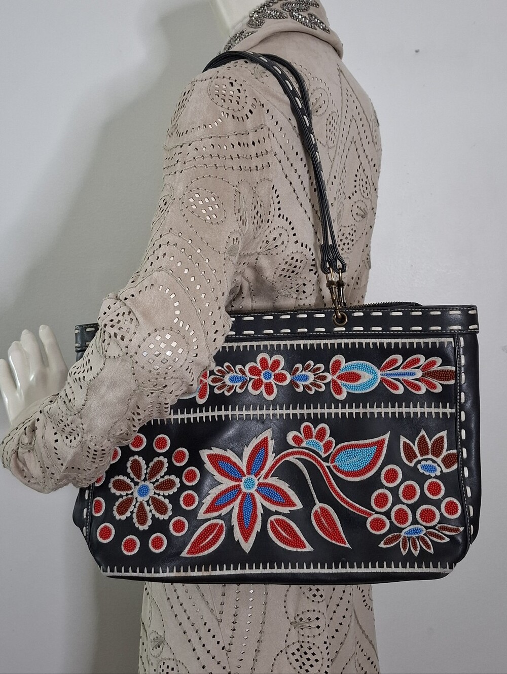 Isabella Fiore Embroidered Beaded Floral Leather Shoulder Bag Tote Boho Black